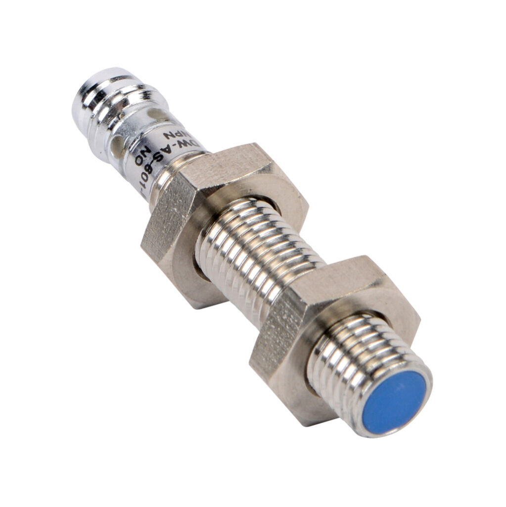 DW-AS-601-M8-001 - Contrinex inductive proximity sensor, tubular, 8mm diameter x 45mm body, 304 stainless steel housing, NPN, N.O. output, 1.5mm sensing distance, flush, 5 kHz switching frequency, IP67, 3-pin M8 quick-disconnect.