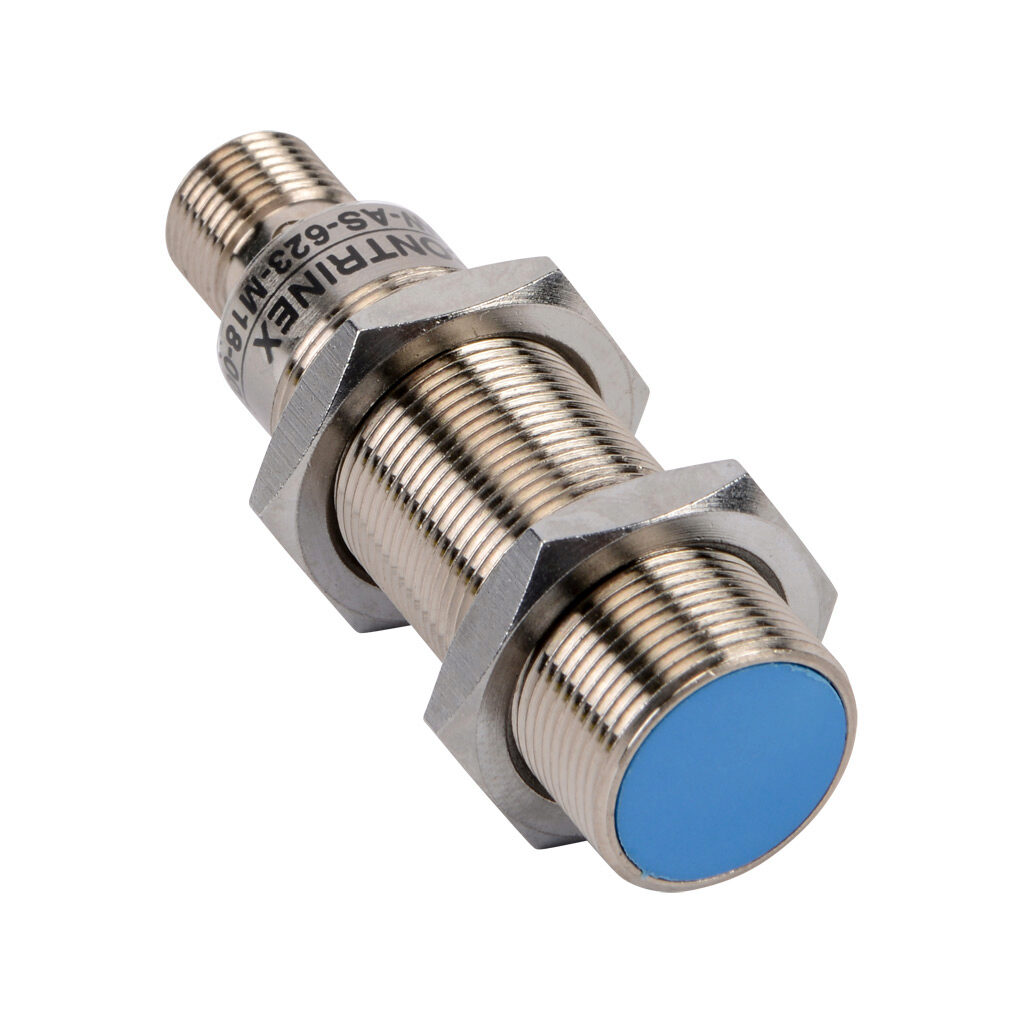 DW-AS-623-M18-002 - Contrinex inductive proximity sensor, tubular, 18mm diameter x 63.5mm body, nickel-plated brass housing, PNP, N.O. output, 8mm sensing distance, flush, 1.5 kHz switching frequency, IP67, 4-pin M12 quick-disconnect.