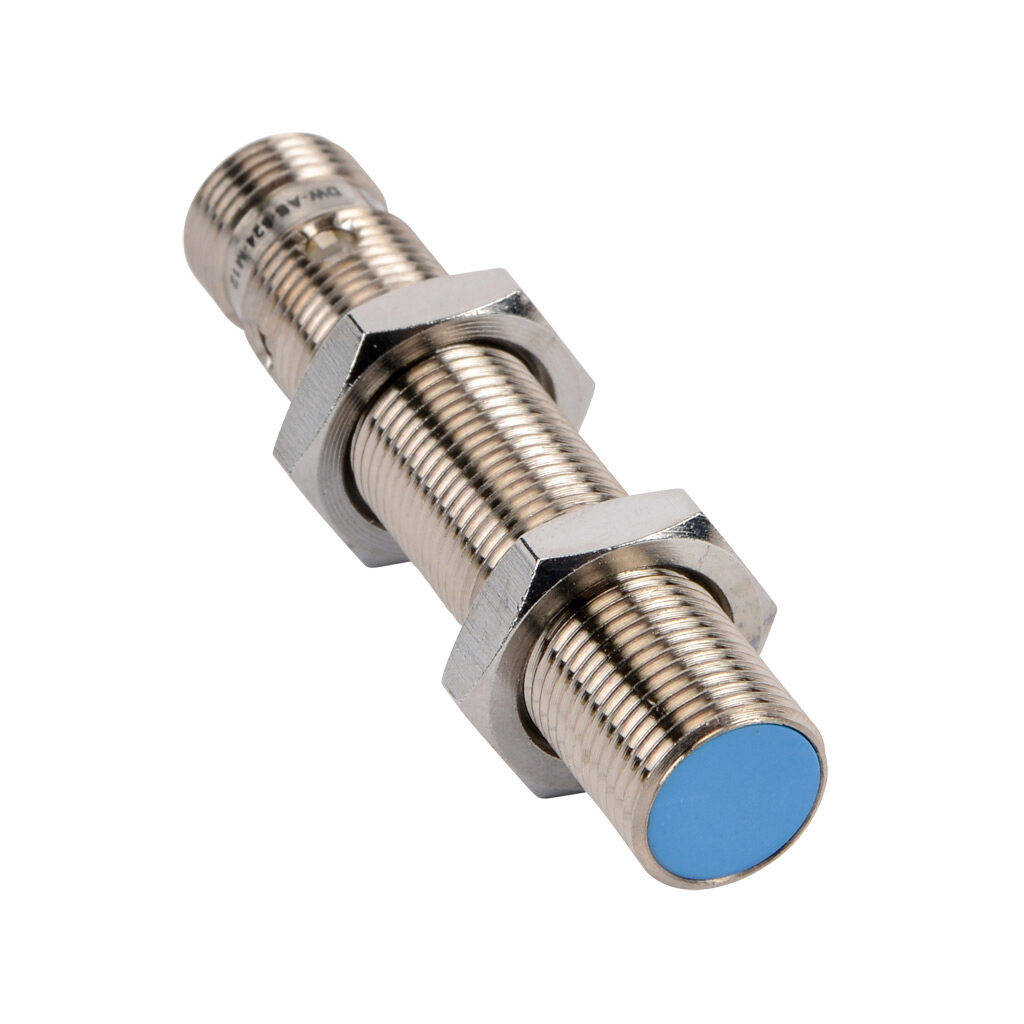 DW-AS-624-M12 - Contrinex inductive proximity sensor, tubular, 12mm diameter x 60mm body, nickel-plated brass housing, PNP, N.C. output, 4mm sensing distance, flush, 2.5 kHz switching frequency, IP67, 4-pin M12 quick-disconnect.