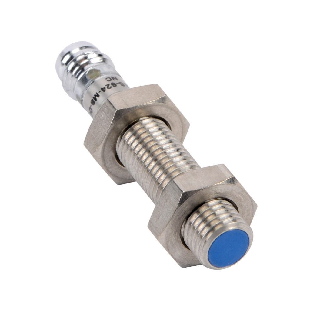 DW-AS-624-M8-001 - Contrinex inductive proximity sensor, tubular, 8mm diameter x 45mm body, 304 stainless steel housing, PNP, N.C. output, 2mm sensing distance, flush, 5 kHz switching frequency, IP67, 3-pin M8 quick-disconnect.
