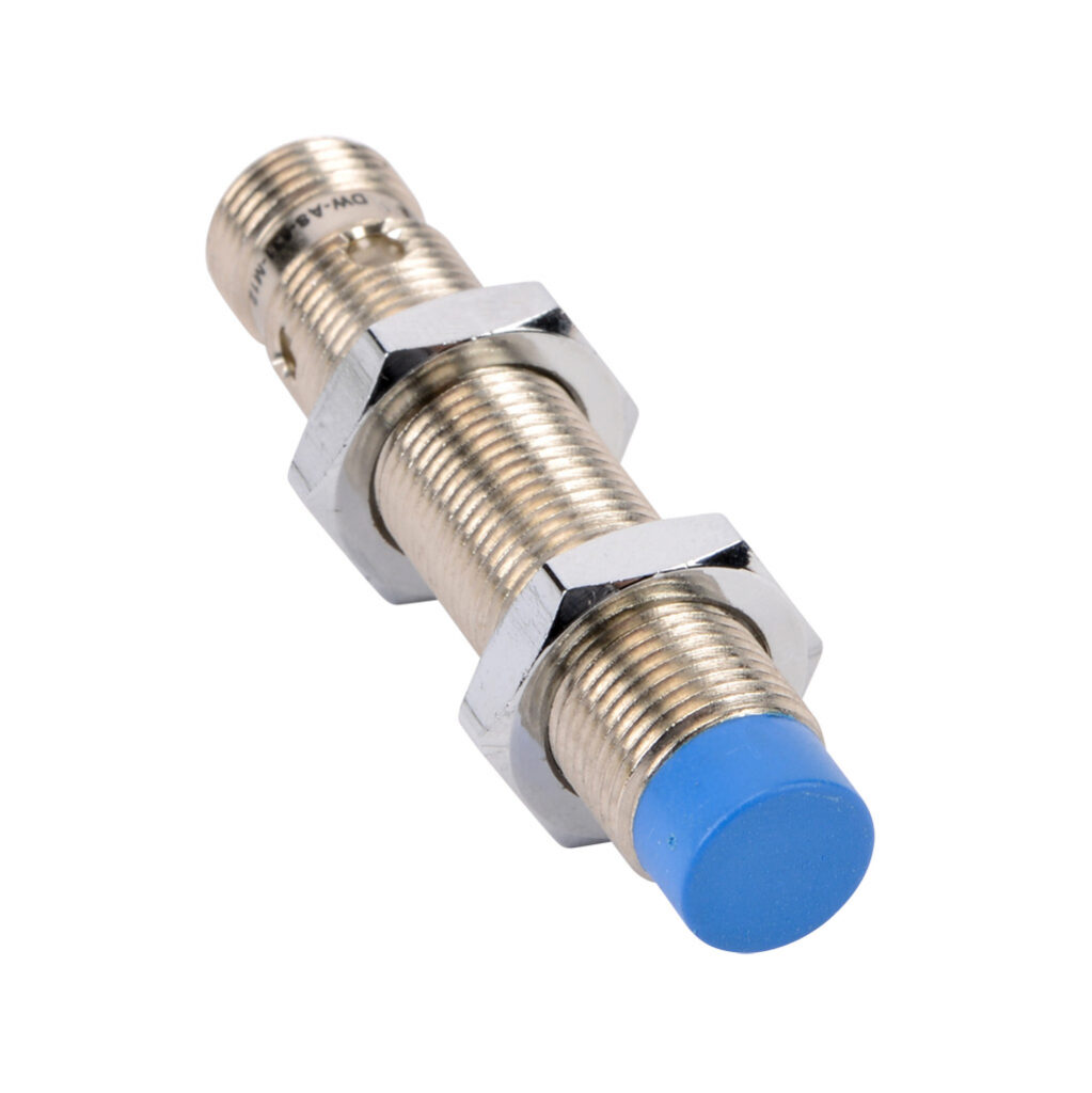 DW-AS-631-M12 - Contrinex inductive proximity sensor, tubular, 12mm diameter x 60mm body, nickel-plated brass housing, NPN, N.O. output, 8mm sensing distance, non-flush, 1.4 kHz switching frequency, IP67, 4-pin M12 quick-disconnect.