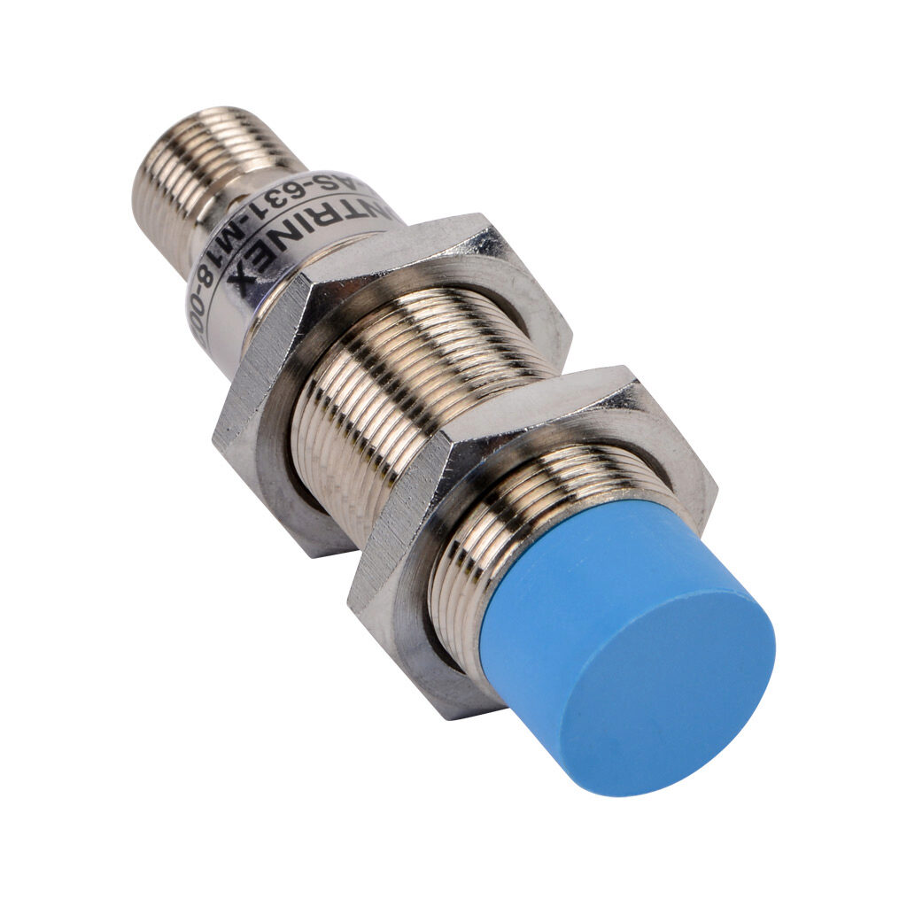 DW-AS-631-M18-002 - Contrinex inductive proximity sensor, tubular, 18mm diameter x 63.5mm body, nickel-plated brass housing, NPN, N.O. output, 12mm sensing distance, non-flush, 500 Hz switching frequency, IP67, 4-pin M12 quick-disconnect.