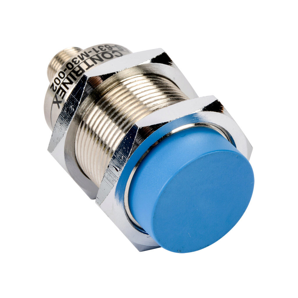 DW-AS-631-M30-002 - Contrinex inductive proximity sensor, tubular, 30mm diameter x 63.5mm body, nickel-plated brass housing, NPN, N.O. output, 25mm sensing distance, non-flush, 200 Hz switching frequency, IP67, 4-pin M12 quick-disconnect.