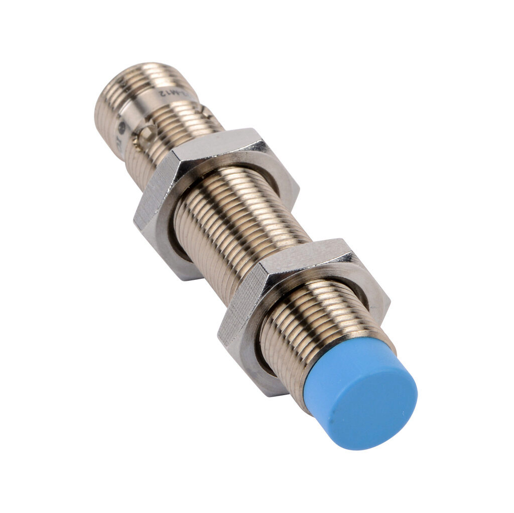 DW-AS-633-M12 - Contrinex inductive proximity sensor, tubular, 12mm diameter x 60mm body, nickel-plated brass housing, PNP, N.O. output, 8mm sensing distance, non-flush, 1.4 kHz switching frequency, IP67, 4-pin M12 quick-disconnect.