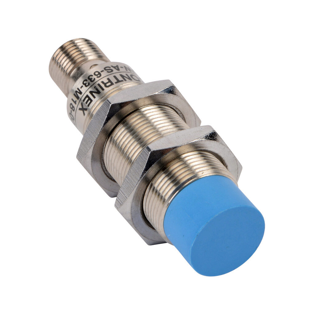 DW-AS-633-M18-002 - Contrinex inductive proximity sensor, tubular, 18mm diameter x 63.5mm body, nickel-plated brass housing, PNP, N.O. output, 12mm sensing distance, non-flush, 500 Hz switching frequency, IP67, 4-pin M12 quick-disconnect.