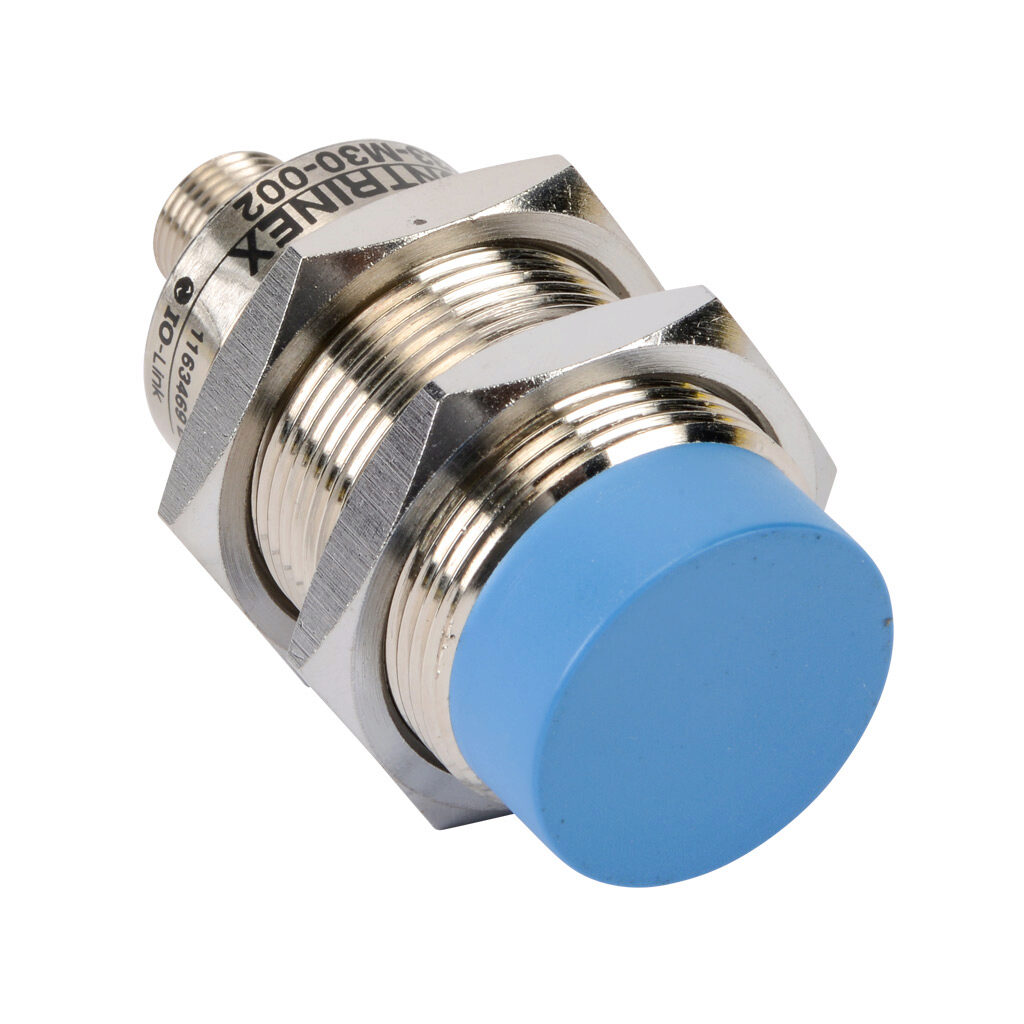 DW-AS-633-M30-002 - Contrinex inductive proximity sensor, tubular, 30mm diameter x 63.5mm body, nickel-plated brass housing, PNP, N.O. output, 25mm sensing distance, non-flush, 200 Hz switching frequency, IP67, 4-pin M12 quick-disconnect.