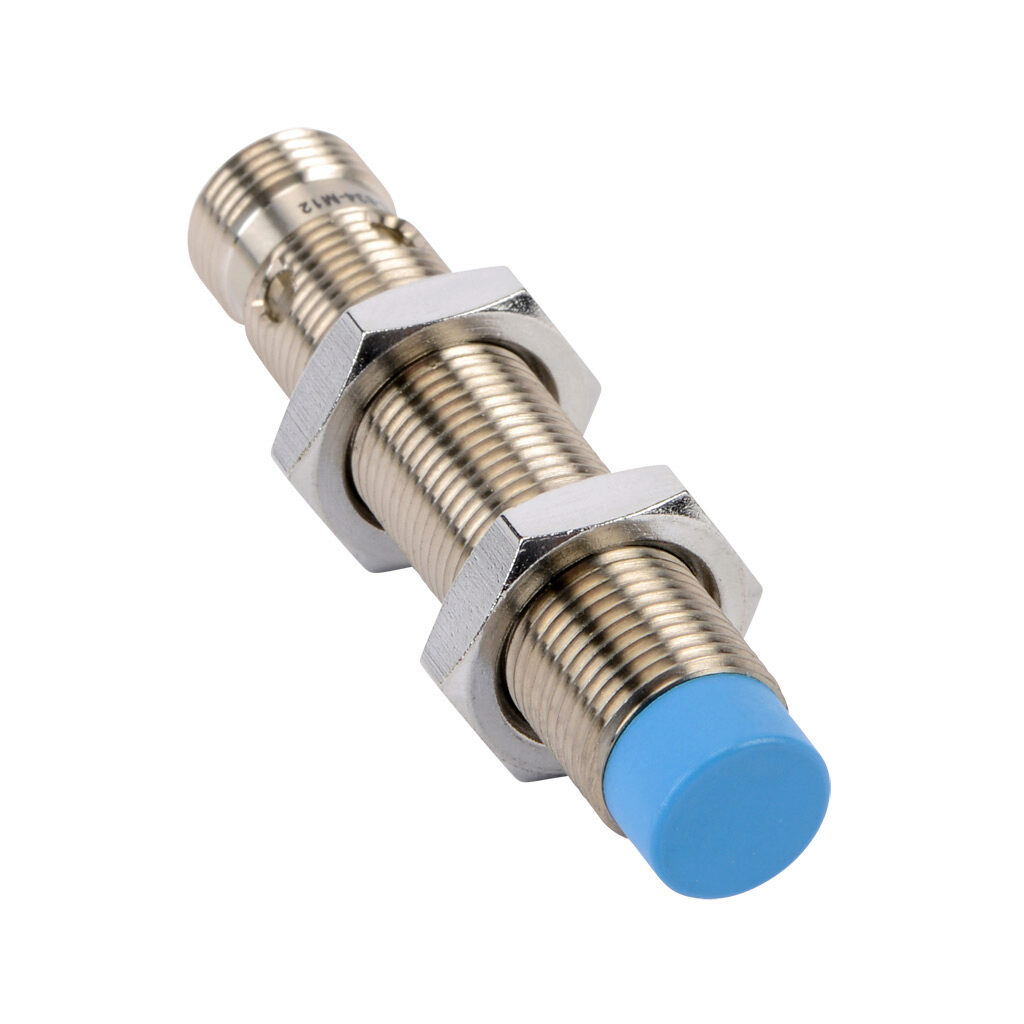 DW-AS-634-M12 - Contrinex inductive proximity sensor, tubular, 12mm diameter x 60mm body, nickel-plated brass housing, PNP, N.C. output, 8mm sensing distance, non-flush, 1.4 kHz switching frequency, IP67, 4-pin M12 quick-disconnect.
