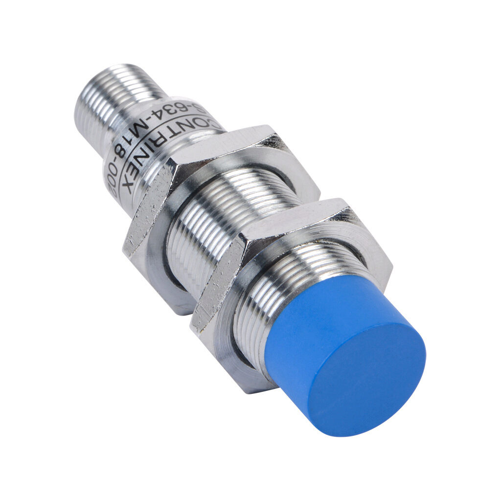 DW-AS-634-M18-002 - Contrinex inductive proximity sensor, tubular, 18mm diameter x 63.5mm body, nickel-plated brass housing, PNP, N.C. output, 12mm sensing distance, non-flush, 500 Hz switching frequency, IP67, 4-pin M12 quick-disconnect.
