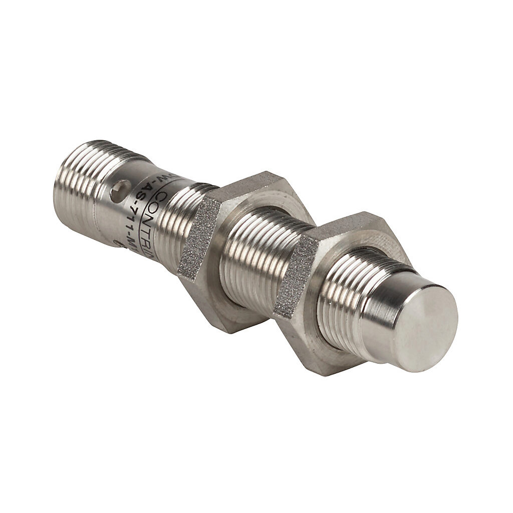 DW-AS-711-M12 - Contrinex inductive proximity sensor, tubular, 12mm diameter x 60mm body, stainless steel housing, NPN, N.O. output, 10mm sensing distance, non-flush, 400 Hz switching frequency, IP68 IP69K, 4-pin M12 quick-disconnect.