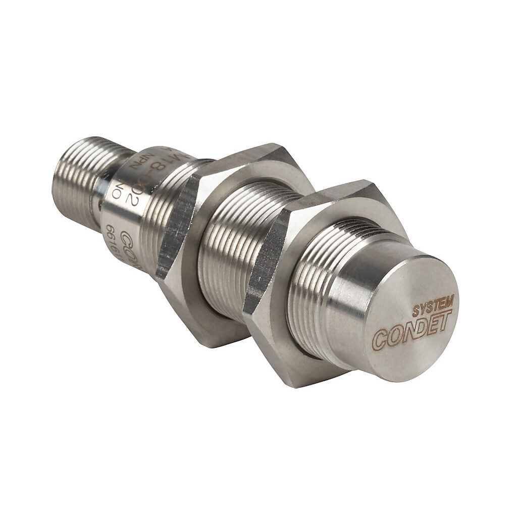 DW-AS-711-M18-002 - Contrinex inductive proximity sensor, tubular, 18mm diameter x 63.5mm body, stainless steel housing, NPN, N.O. output, 20mm sensing distance, non-flush, 200 Hz switching frequency, IP68 IP69K, 4-pin M12 quick-disconnect.