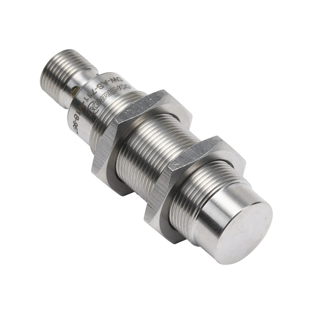 DW-AS-711-M18-967 - Contrinex inductive proximity sensor, tubular, 18mm diameter x 63.5mm body, 304 stainless steel housing, NPN, N.O., 5mm sensing distance, non-flush, 200 Hz switching frequency, IP68 IP69K, 4-pin M12 quick-disconnect.