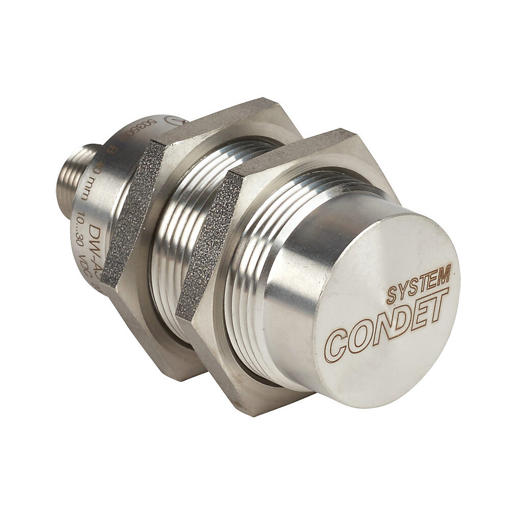 DW-AS-711-M30-002 - Contrinex inductive proximity sensor, tubular, 30mm diameter x 63.5mm body, stainless steel housing, NPN, N.O. output, 40mm sensing distance, non-flush, 90 Hz switching frequency, IP68 IP69K, 4-pin M12 quick-disconnect.