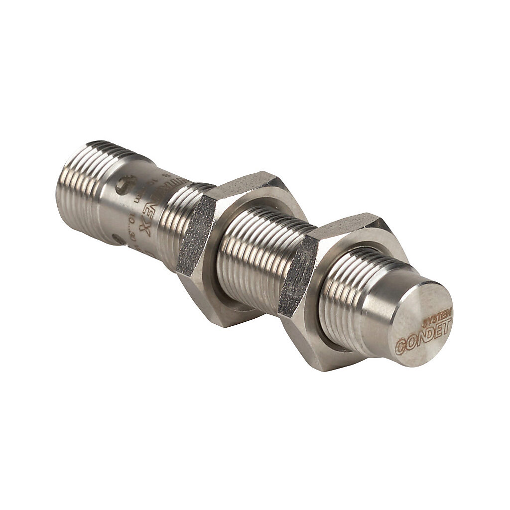 DW-AS-712-M12 - Contrinex inductive proximity sensor, tubular, 12mm diameter x 60mm body, stainless steel housing, NPN, N.C. output, 10mm sensing distance, non-flush, 400 Hz switching frequency, IP68 IP69K, 4-pin M12 quick-disconnect.
