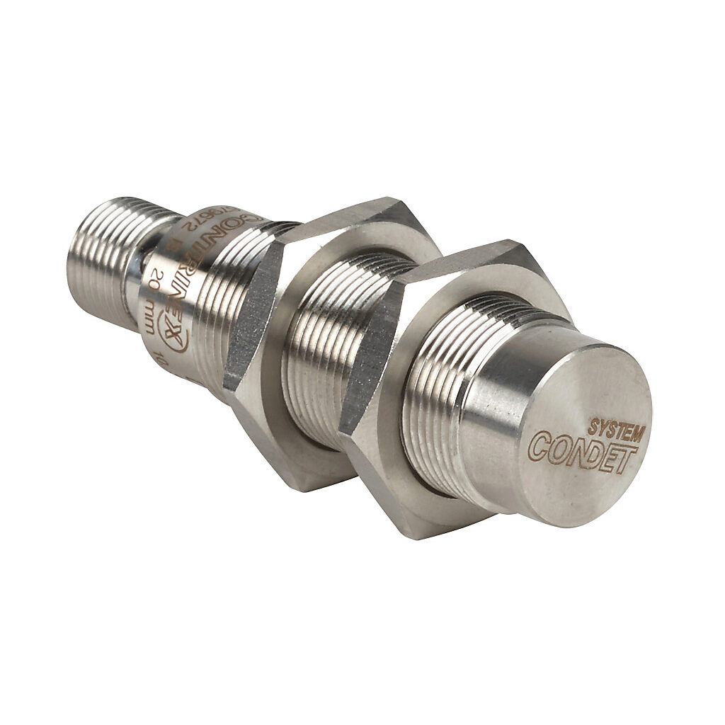 DW-AS-714-M18-002 - Contrinex inductive proximity sensor, tubular, 18mm diameter x 63.5mm body, stainless steel housing, PNP, N.C. output, 20mm sensing distance, non-flush, 200 Hz switching frequency, IP68 IP69K, 4-pin M12 quick-disconnect.