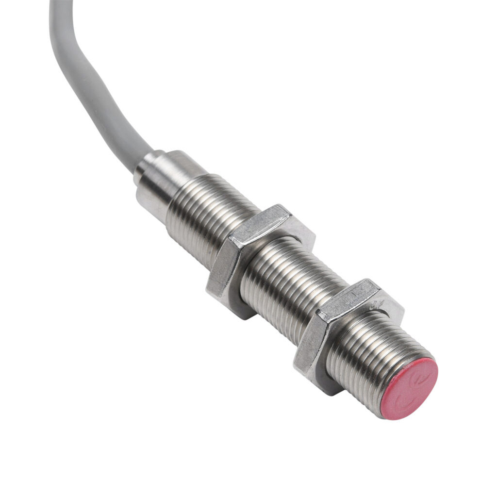 DW-HD-603-M12-200 - Contrinex inductive proximity sensor, tubular, 12mm diameter x 59mm body, 304 stainless steel housing, PNP, N.O., 3mm sensing distance, flush, 500 Hz switching frequency, IP67, pigtail.