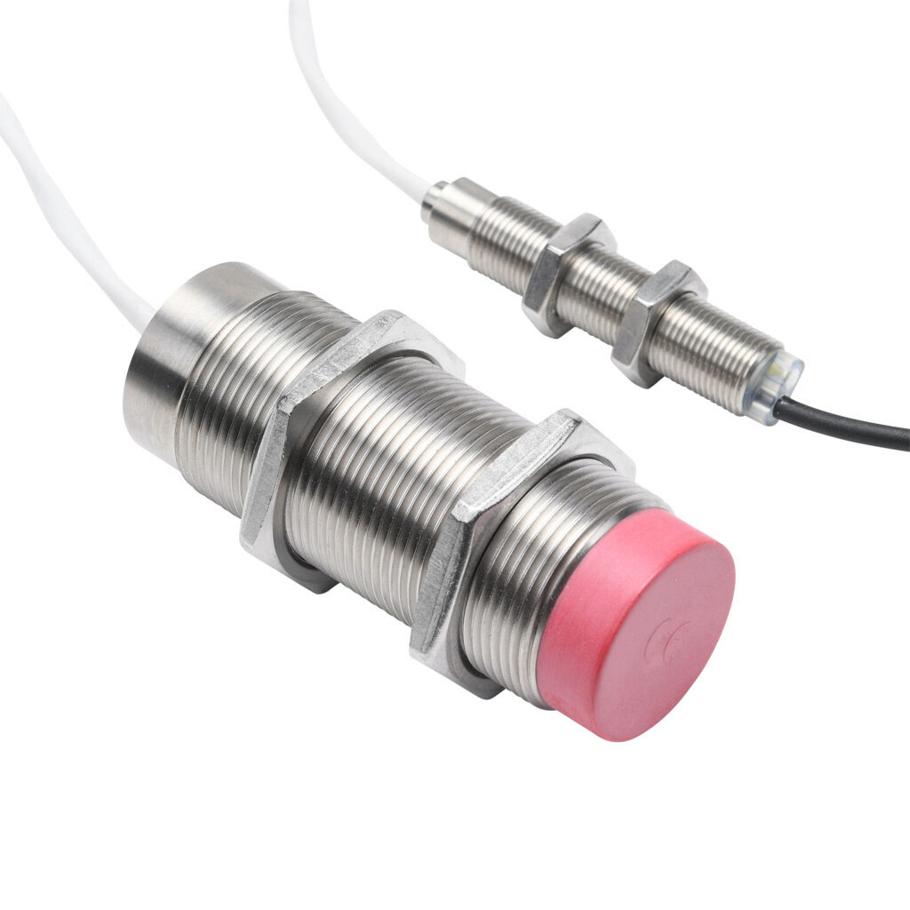 DW-HD-613-M30-411 - Contrinex inductive proximity sensor, tubular, 30mm diameter x 83mm body, 304 stainless steel housing, PNP, N.O., 15mm sensing distance, non-flush, 150 Hz switching frequency, IP67, pigtail.