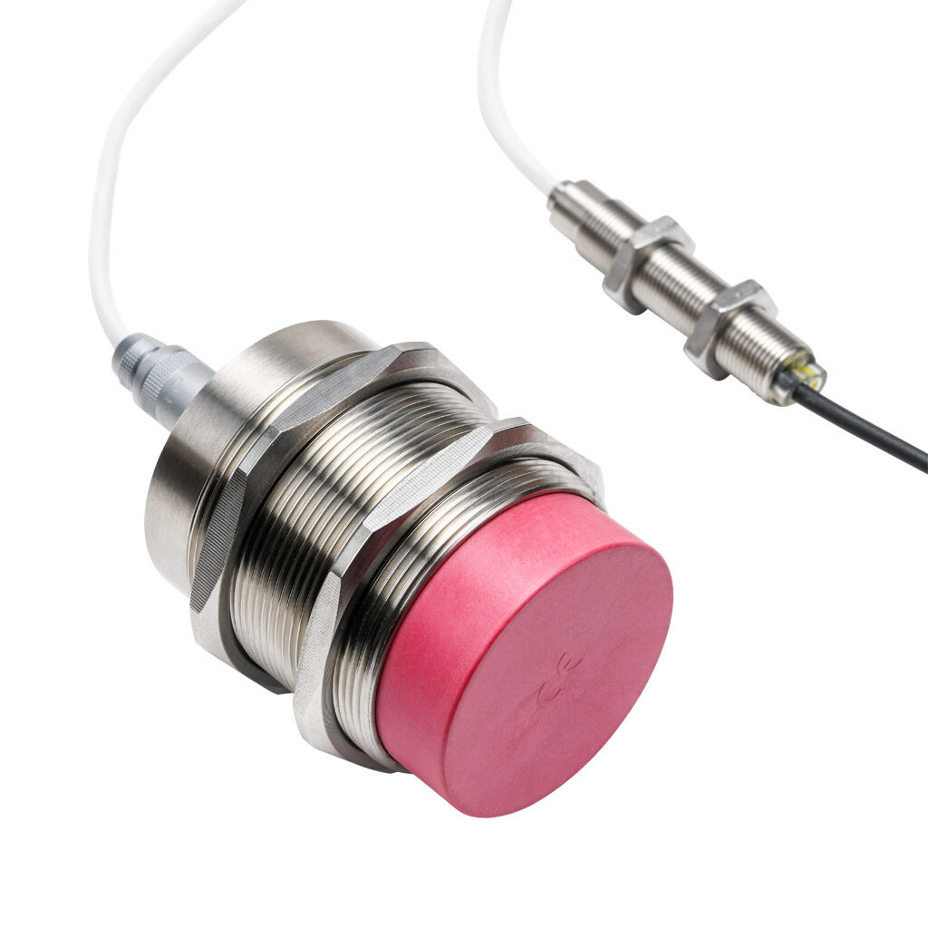 DW-HD-613-M50-517 - Contrinex inductive proximity sensor, tubular, 50mm diameter x 68mm body, 304 stainless steel housing, PNP, N.O., 25mm sensing distance, non-flush, 150 Hz switching frequency, IP67, pigtail.