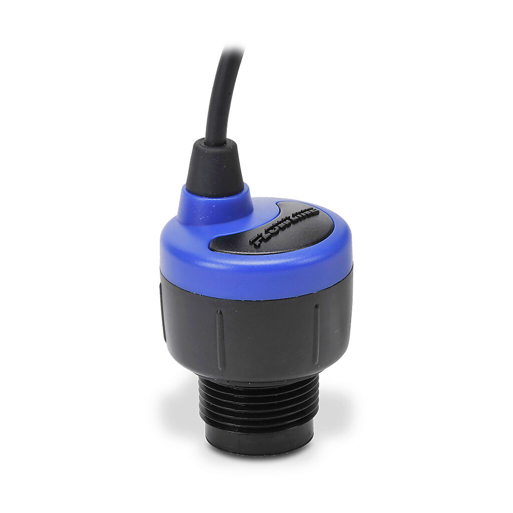 DX10-00 - Flowline EchoPod ultrasonic liquid level sensor, 4.1ft/1.25m sensing range, 0-5 VDC, 0-10 VDC or 976-2000 Hz frequency selectable, 12-28 VDC, 1in male NPT process connection.