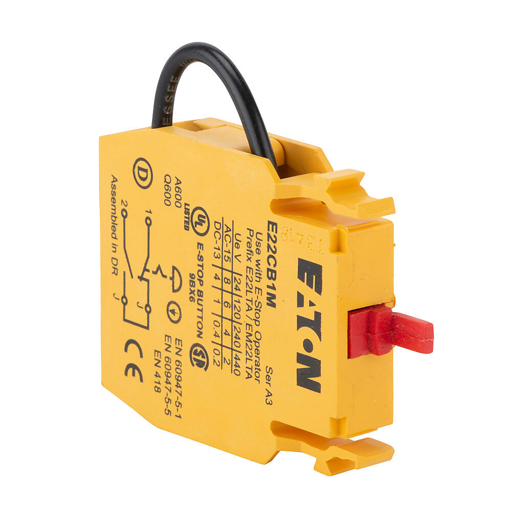 E22CB1M - Eaton self-monitoring contact block, for use with 22mm (E22) pushbuttons.