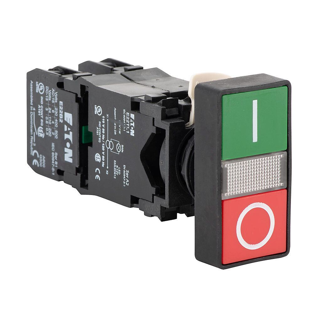E22DB1B20X11C - Eaton pushbutton, 22mm, momentary, incandescent illuminated, (1) N.O./(1) N.C. contact(s), plastic base, plastic bezel, Operator: red/green, double headed, 58mm, rectangular, plastic, operator text "(I) and (0)", 120 VAC, transformer.