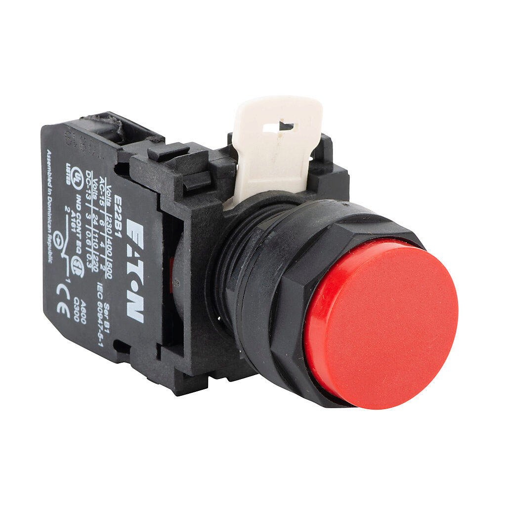 E22EB2B - Eaton pushbutton, 22mm, momentary, (1) N.C. contact(s), plastic base, plastic bezel, Operator: red, extended, 28mm, round, plastic.