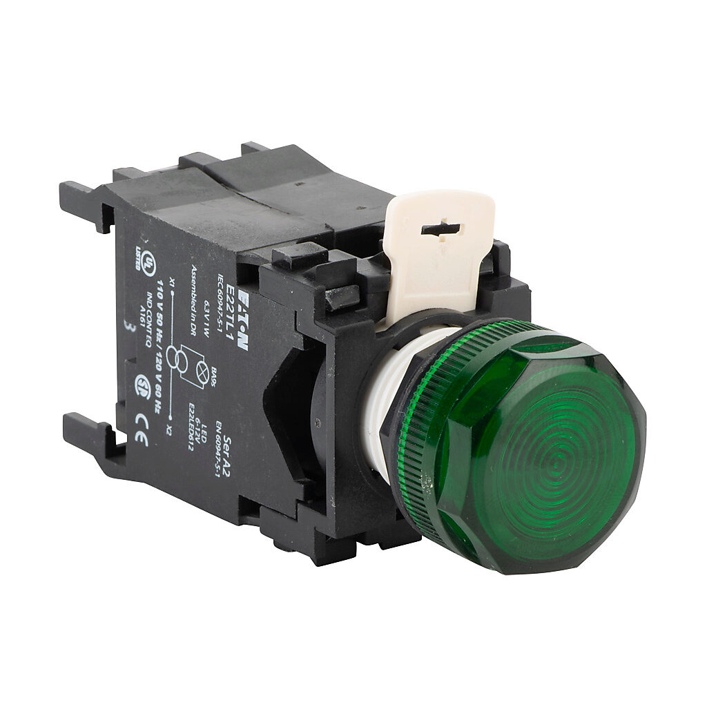 E22H3X11 - Eaton incandescent indicating light, permanent light function, 22mm, green, 29mm, round, plastic base, 120 VAC, transformer.