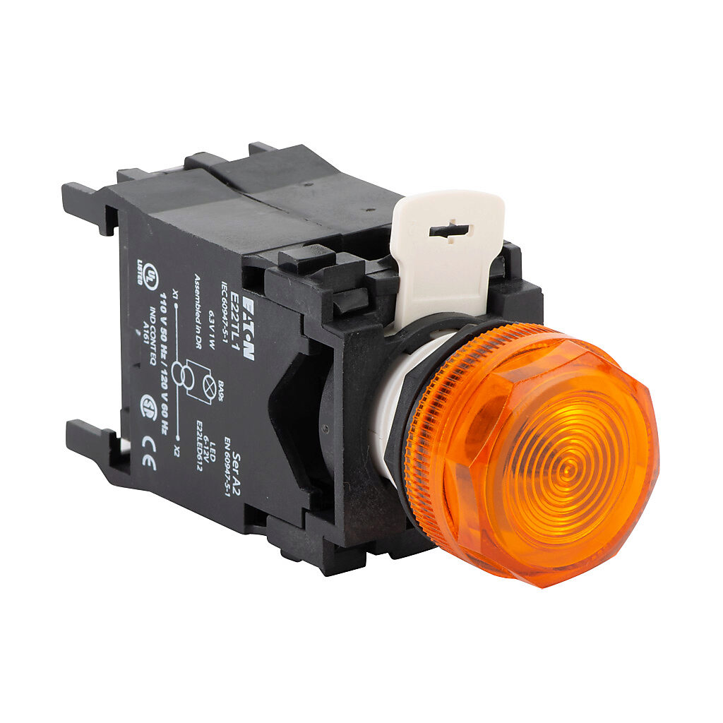 E22H9X11 - Eaton incandescent indicating light, permanent light function, 22mm, amber, 29mm, round, plastic base, 120 VAC, transformer.