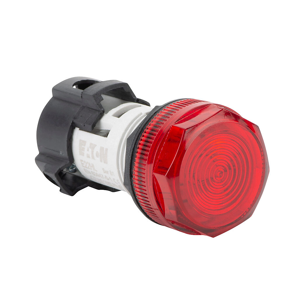 E22HL2X8 - Eaton cluster style LED indicating light, permanent light function, 22mm, red, 29mm, round, plastic base, 120 VAC/VDC, full voltage.