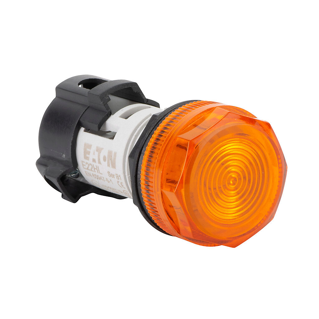 E22HL9X8 - Eaton cluster style LED indicating light, permanent light function, 22mm, amber, 29mm, round, plastic base, 120 VAC/VDC, full voltage.