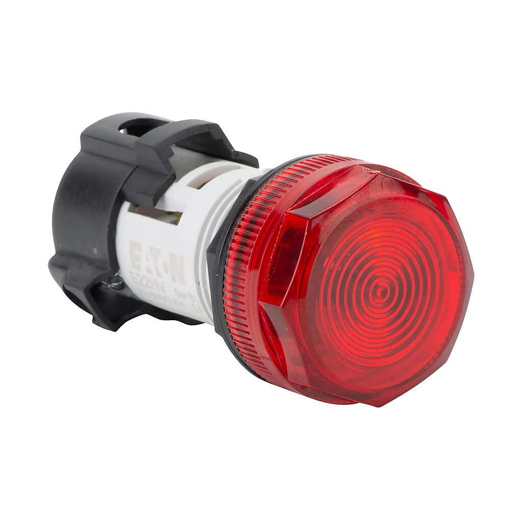 E22HV2X4 - Eaton incandescent indicating light, permanent light function, 22mm, red, 29mm, round, plastic base, 24 VAC/VDC, full voltage.