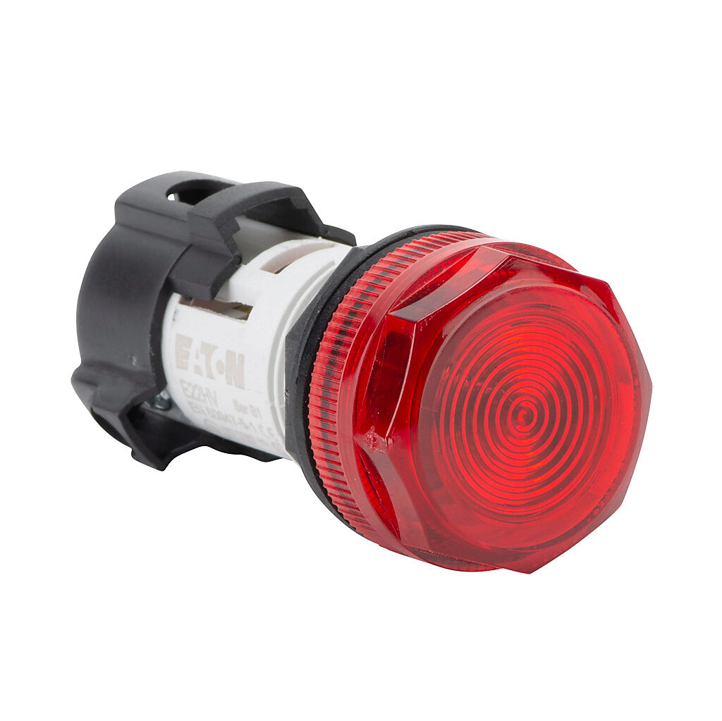 E22HV2X8 - Eaton incandescent indicating light, permanent light function, 22mm, red, 29mm, round, plastic base, 120 VAC/VDC, full voltage.