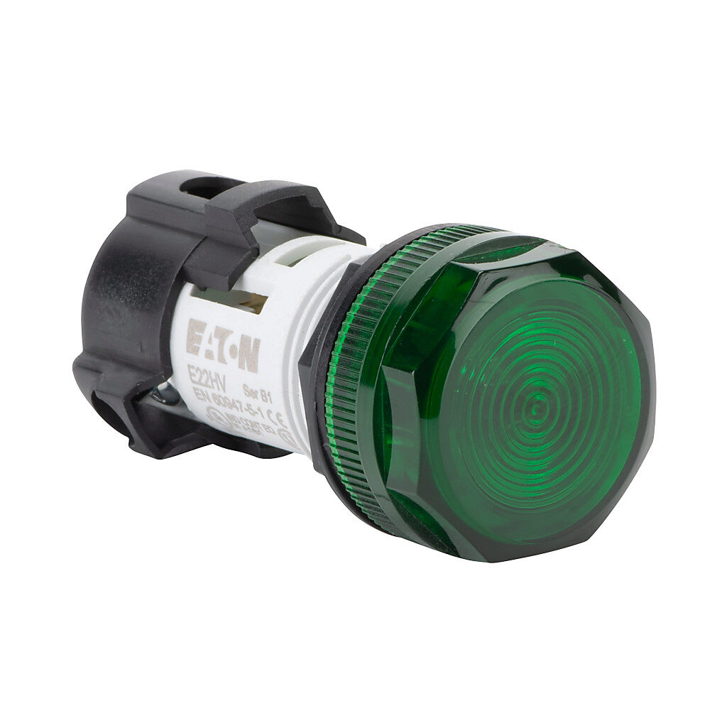 E22HV3X4 - Eaton incandescent indicating light, permanent light function, 22mm, green, 29mm, round, plastic base, 24 VAC/VDC, full voltage.