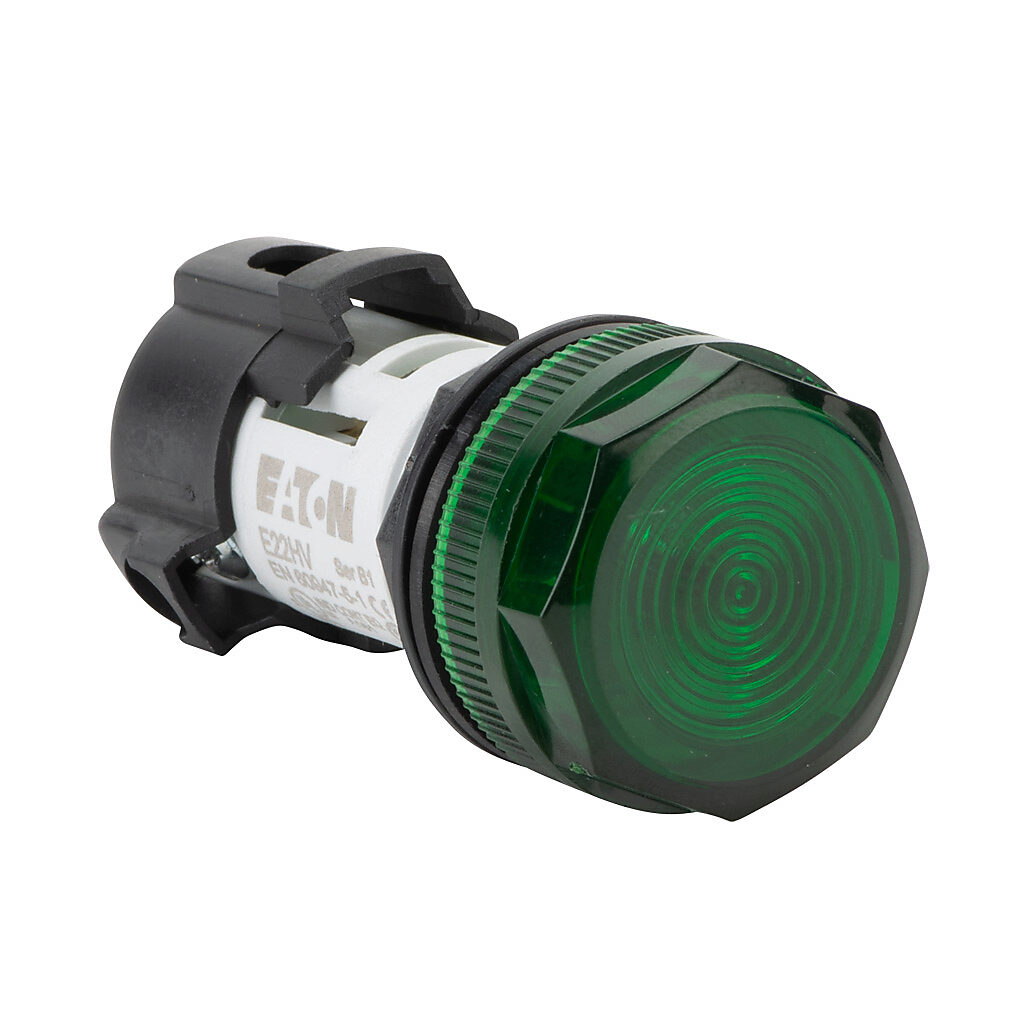 E22HV3X8 - Eaton incandescent indicating light, permanent light function, 22mm, green, 29mm, round, plastic base, 120 VAC/VDC, full voltage.