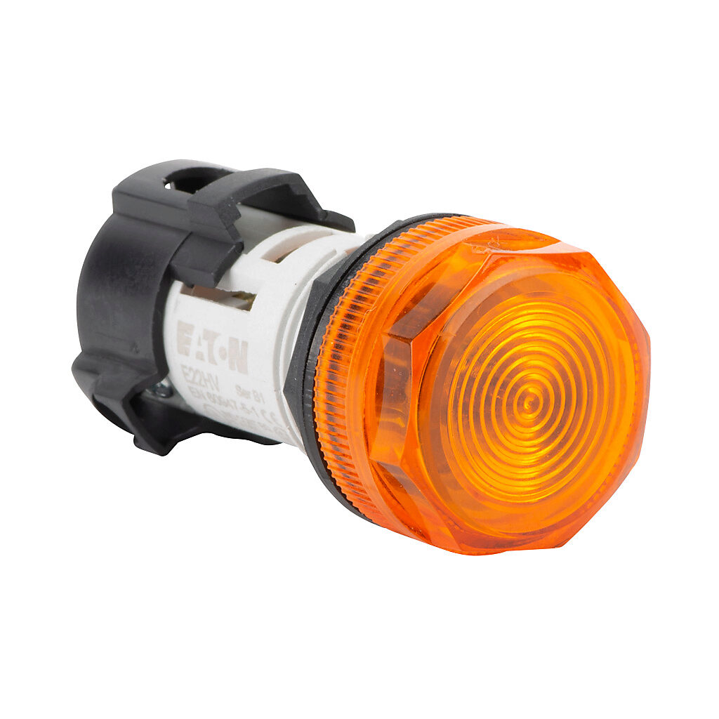 E22HV9X8 - Eaton incandescent indicating light, permanent light function, 22mm, amber, 29mm, round, plastic base, 120 VAC/VDC, full voltage.