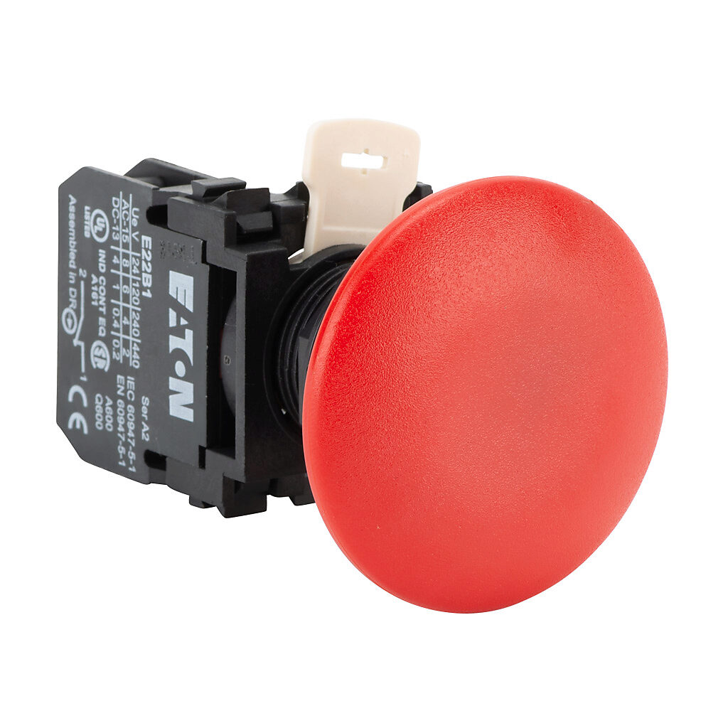 E22JPB2B - Eaton pushbutton, 22mm, momentary, (1) N.C. contact(s), plastic base, plastic bezel, Operator: red, mushroom, 50mm, round, plastic.