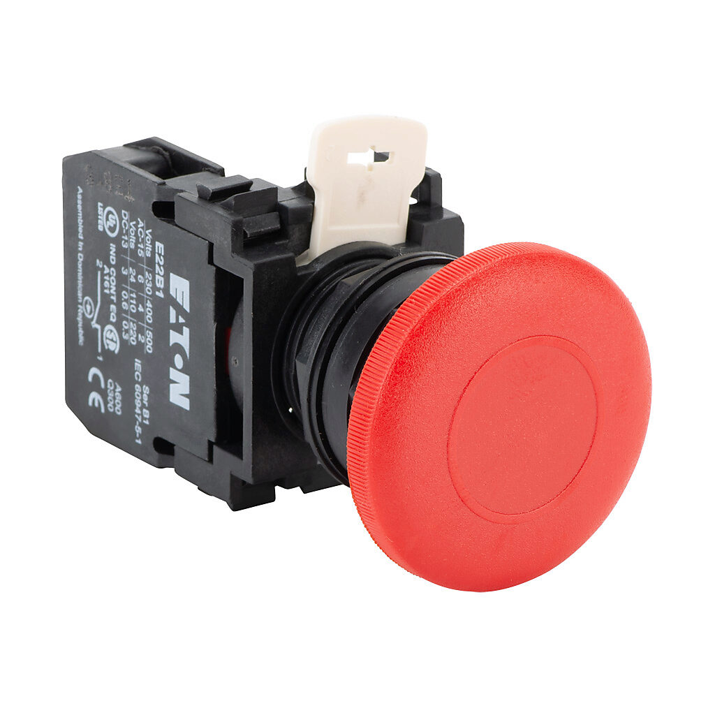 E22LB2B - Eaton pushbutton, 22mm, momentary, (1) N.C. contact(s), plastic base, plastic bezel, Operator: red, mushroom, 40mm, round, plastic.