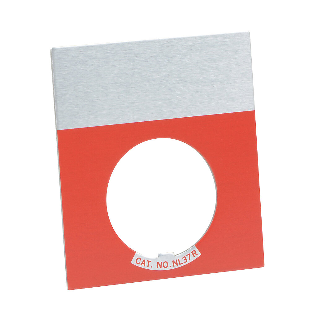 E22NL37 - Eaton legend plate, aluminum, rectangular, red field, silver background. For use with 22mm pilot devices.