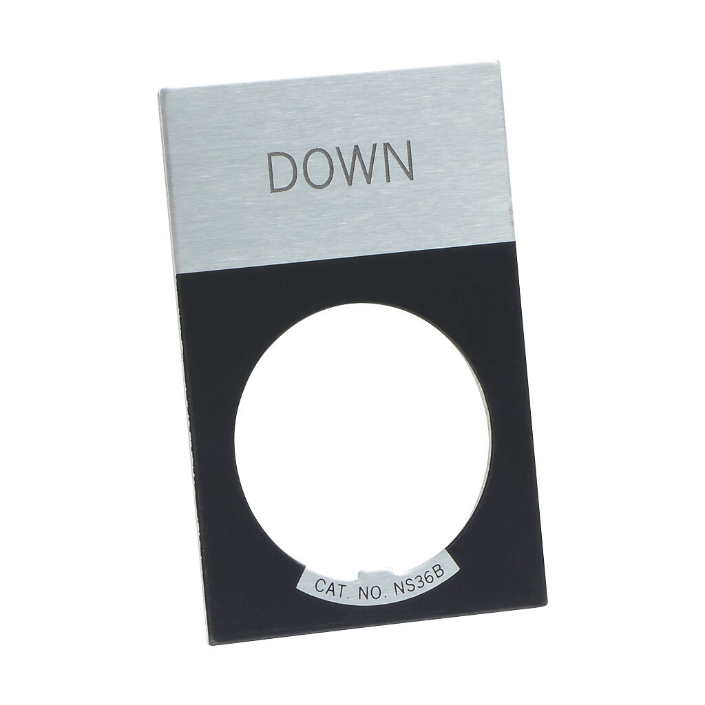 E22NS12 - Eaton legend plate, aluminum, rectangular, black field, silver background, black engraved text, legend plate marking "DOWN". For use with 22mm pilot devices.