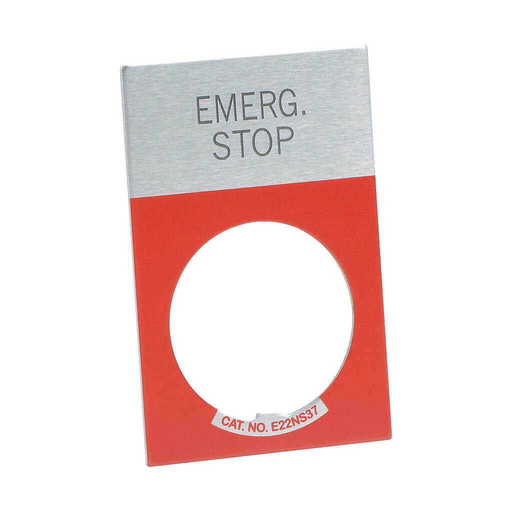 E22NS13 - Eaton legend plate, aluminum, rectangular, red field, silver background, black engraved text, legend plate marking "EMERG. STOP". For use with 22mm pilot devices.