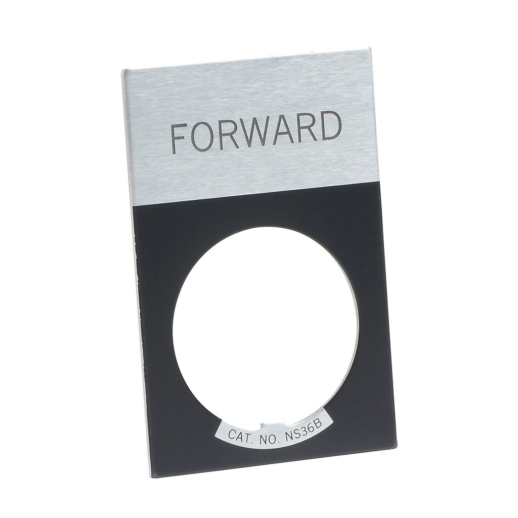 E22NS15 - Eaton legend plate, aluminum, rectangular, black field, silver background, black engraved text, legend plate marking "FORWARD". For use with 22mm pilot devices.