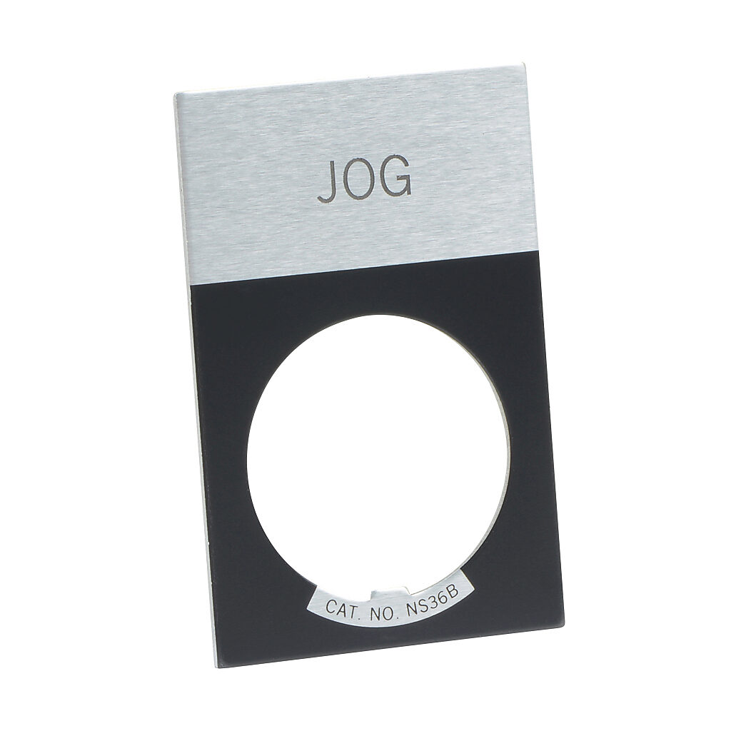 E22NS19 - Eaton legend plate, aluminum, rectangular, black field, silver background, black engraved text, legend plate marking "JOG". For use with 22mm pilot devices.