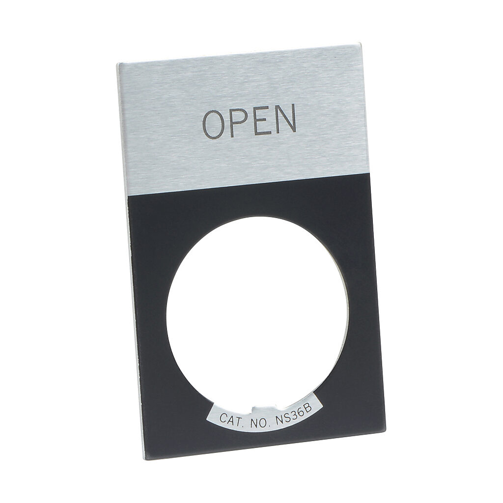 E22NS26 - Eaton legend plate, aluminum, rectangular, black field, silver background, black engraved text, legend plate marking "OPEN". For use with 22mm pilot devices.