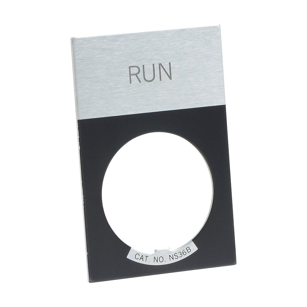 E22NS31 - Eaton legend plate, aluminum, rectangular, black field, silver background, black engraved text, legend plate marking "RUN". For use with 22mm pilot devices.