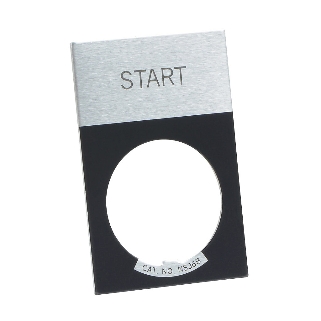 E22NS33 - Eaton legend plate, aluminum, rectangular, black field, silver background, black engraved text, legend plate marking "START". For use with 22mm pilot devices.