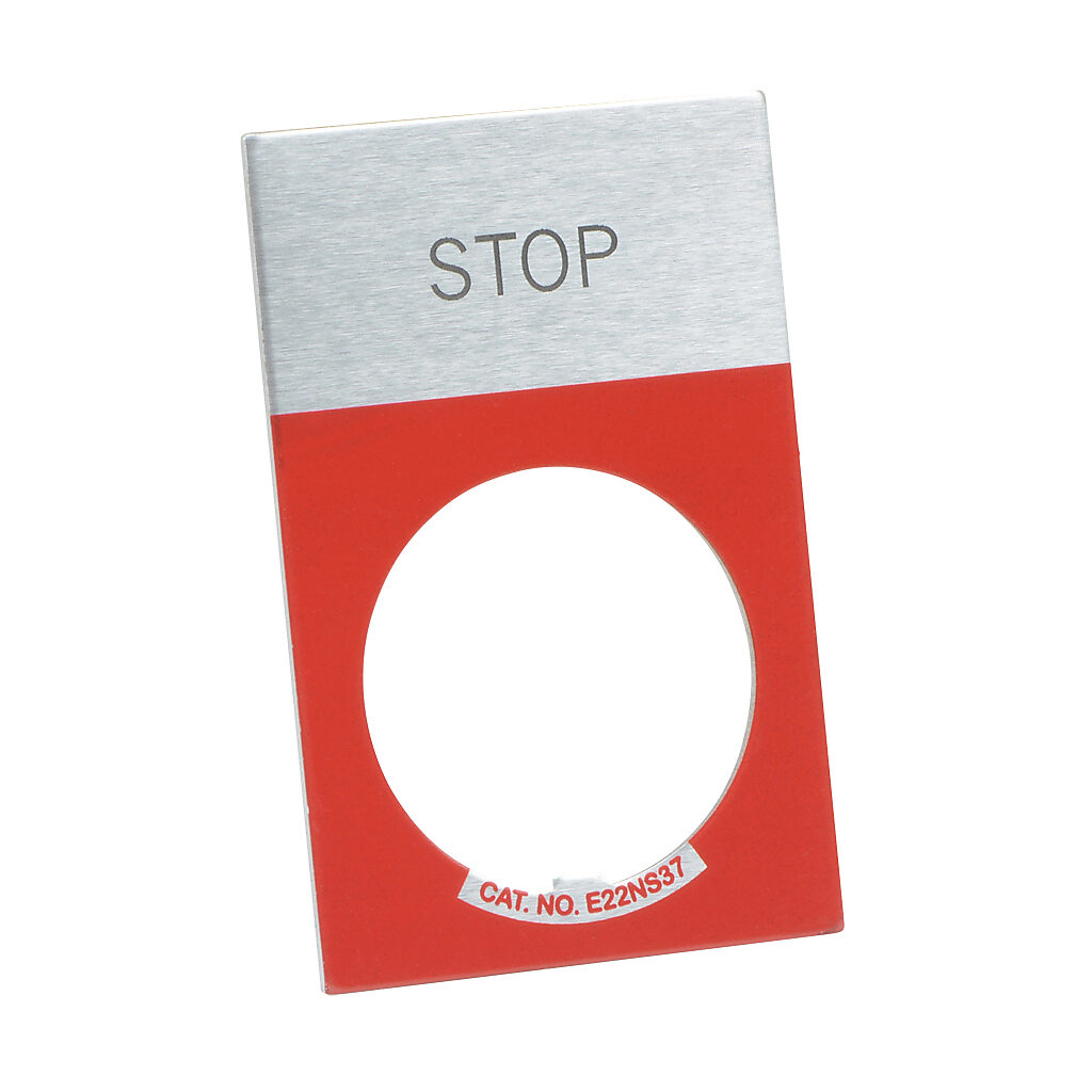 E22NS34 - Eaton legend plate, aluminum, rectangular, red field, silver background, black engraved text, legend plate marking "STOP". For use with 22mm pilot devices.