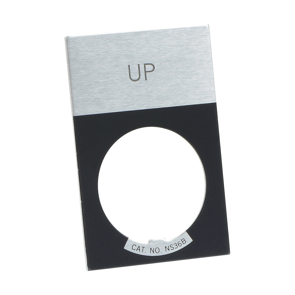 E22NS35 - Eaton legend plate, aluminum, rectangular, black field, silver background, black engraved text, legend plate marking "UP". For use with 22mm pilot devices.