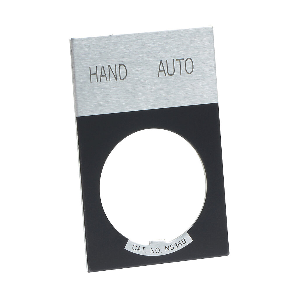 E22NS39 - Eaton legend plate, aluminum, rectangular, black field, silver background, black engraved text, legend plate marking "HAND AUTO". For use with 22mm pilot devices.