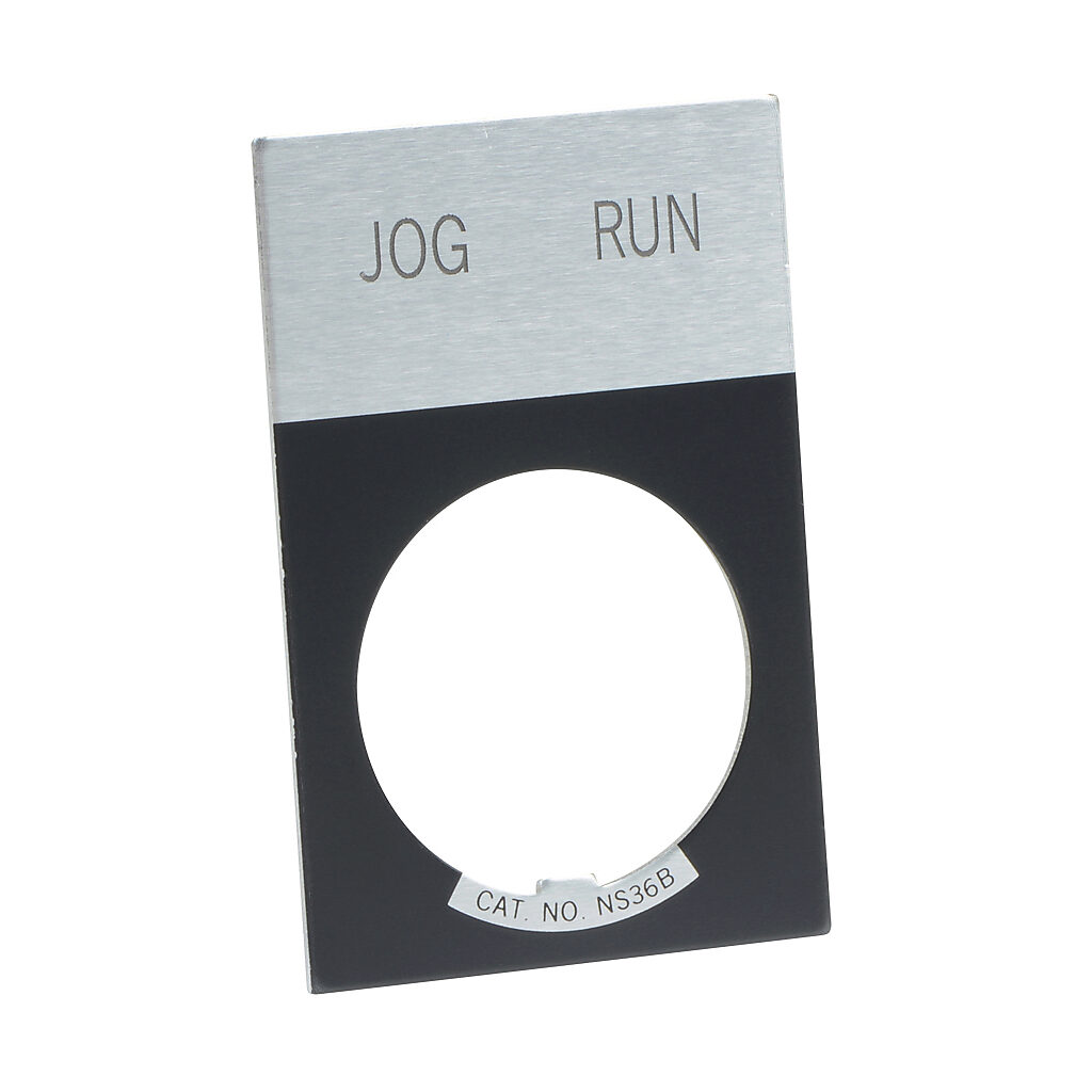 E22NS41 - Eaton legend plate, aluminum, rectangular, black field, silver background, black engraved text, legend plate marking "JOG RUN". For use with 22mm pilot devices.