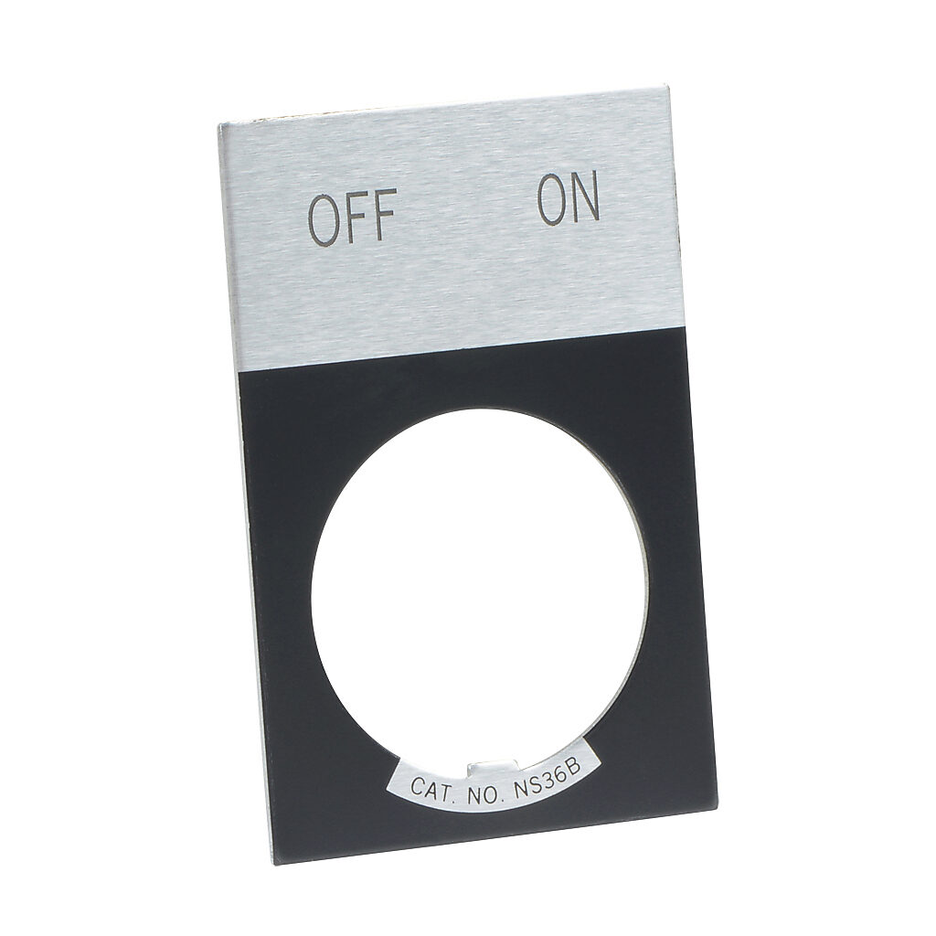 E22NS42 - Eaton legend plate, aluminum, rectangular, black field, silver background, black engraved text, legend plate marking "OFF ON". For use with 22mm pilot devices.