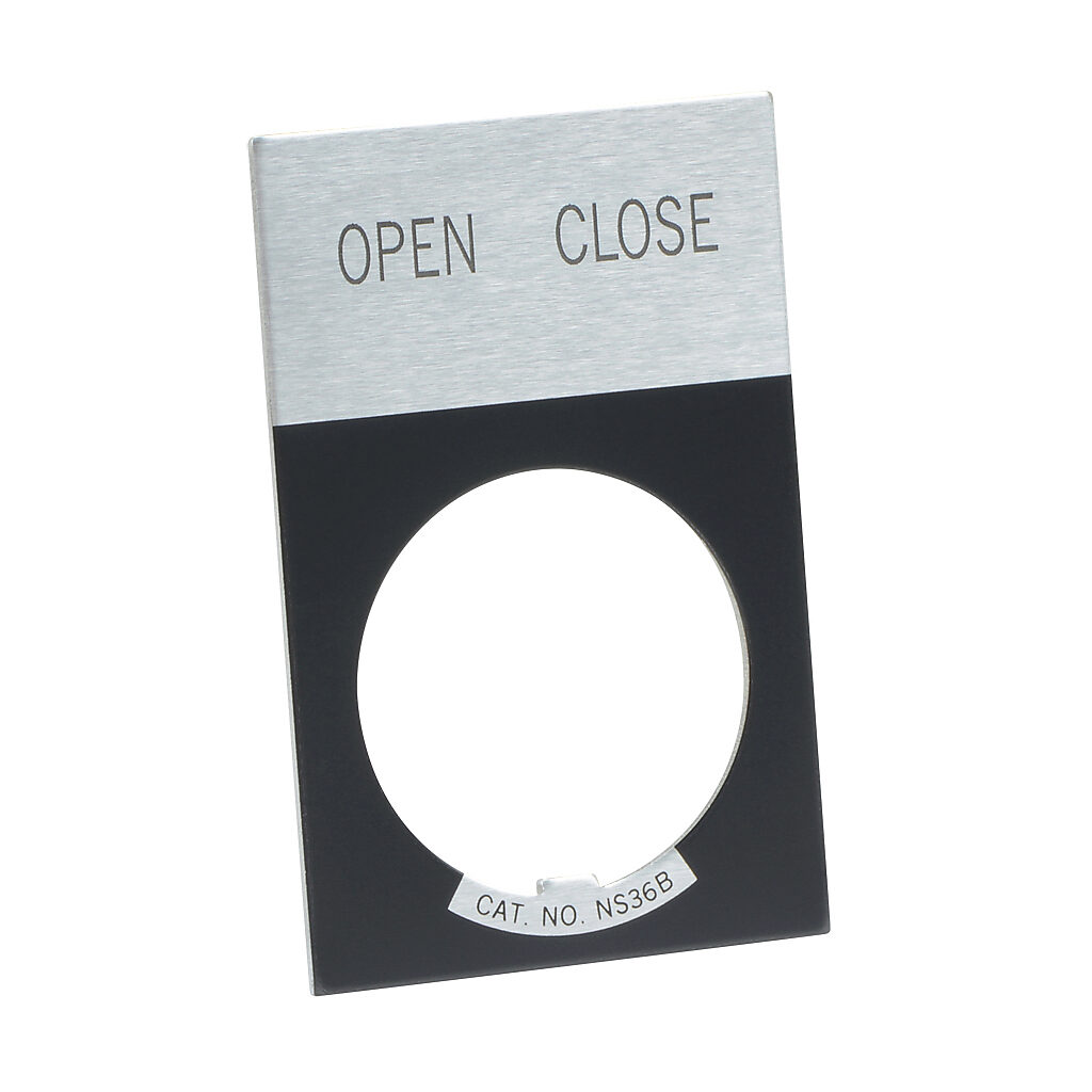 E22NS43 - Eaton legend plate, aluminum, rectangular, black field, silver background, black engraved text, legend plate marking "OPEN CLOSE". For use with 22mm pilot devices.